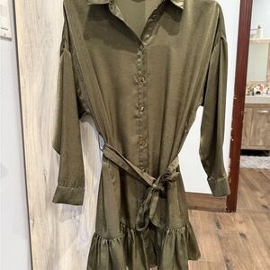 Olive Green Button-Up Shirt Dress